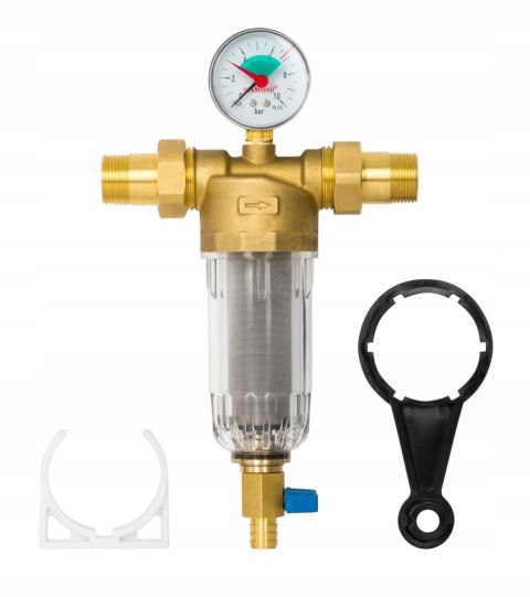 Filtr mechaniczny z płukaniem wstecznym, manometrem i zaworem spustowym3/4" Filtr mechaniczny z płukaniem wstecznym, manometrem i zaworem spustowym3/4"