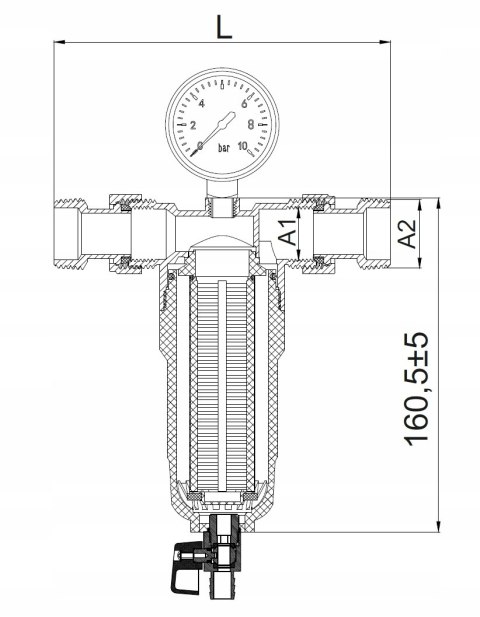 Filtr mechaniczny z płukaniem wstecznym, manometrem i zaworem spustowym3/4" Filtr mechaniczny z płukaniem wstecznym, manometrem i zaworem spustowym3/4"